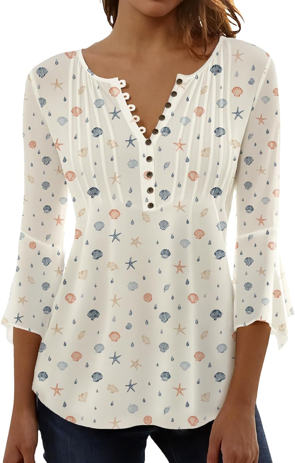 MARSVOVO Womens Summer Tunic Tops 3/4 Sleeve Lightweight Flowy Button Casual Blouse Notch V Neck Basic Top