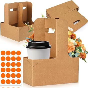 2 Cup Drink Carrier with Handle, 12 Pack Disposable Coffee Cup Carrier, Cardboard Drink Holder for Hot or Cold Drinks, with 24 Bottom Reinforcer Stickers, for Coffee Shop, Party, Wedding Brown