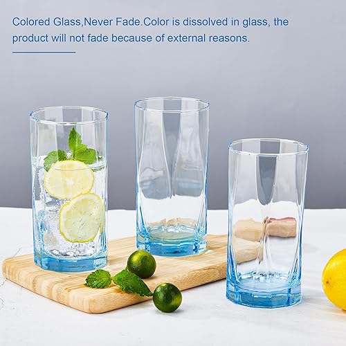 Miniatura 8 de CREATIVELAND Juego de 6 vasos de vidrio con formas geométricas, vasos de vidrio de color azul sólido de 13.5 onzas para agua, jugo, diferentes