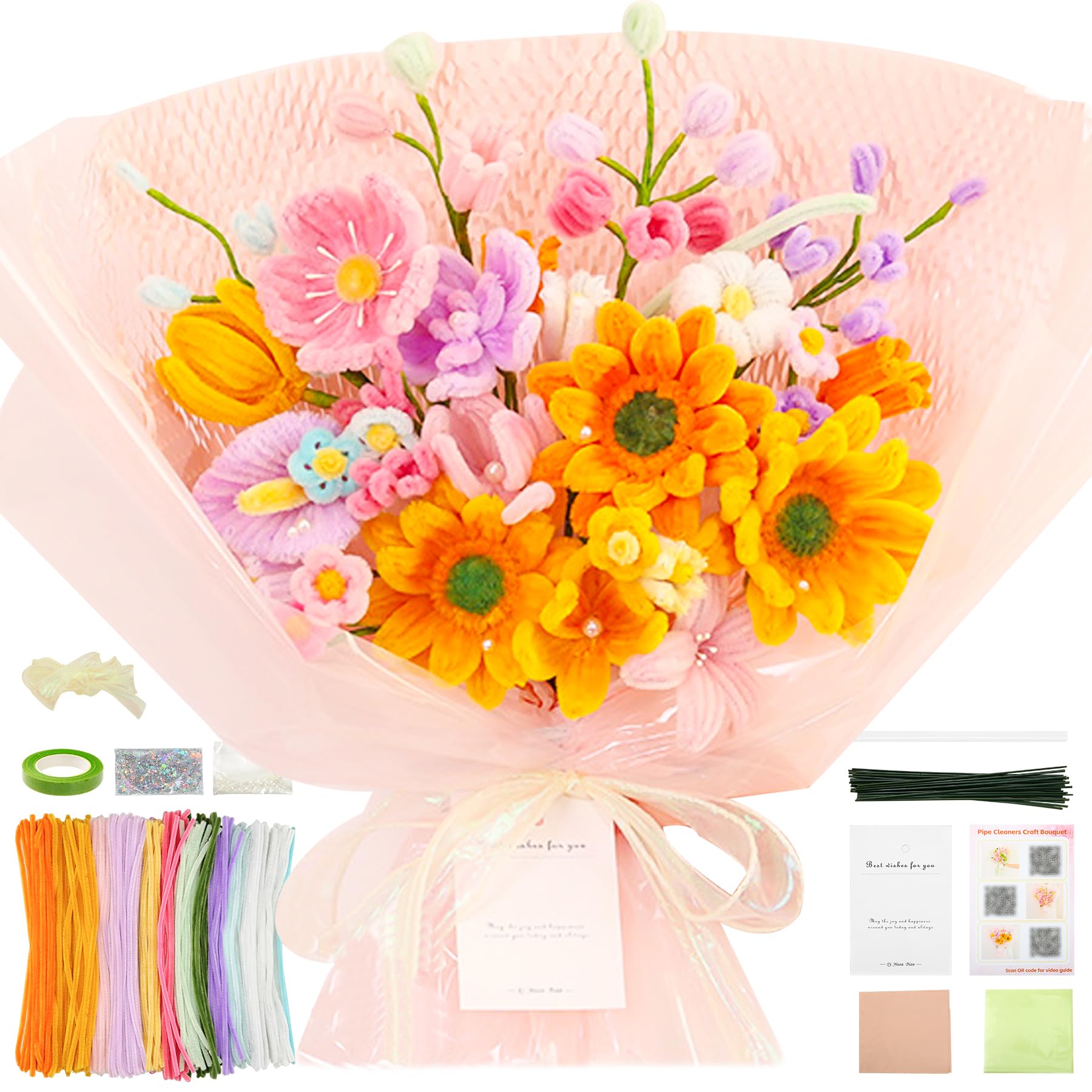 Pipe Cleaners Craft - Pipe Cleaners Flowers, Pipe Cleaner Flower Kit, DIY Pipe Cleaners Flower Bouquet Craft Supply Kit for Art Project Activity, Birthday Mother’s Day Anniversaries Graduations Gifts