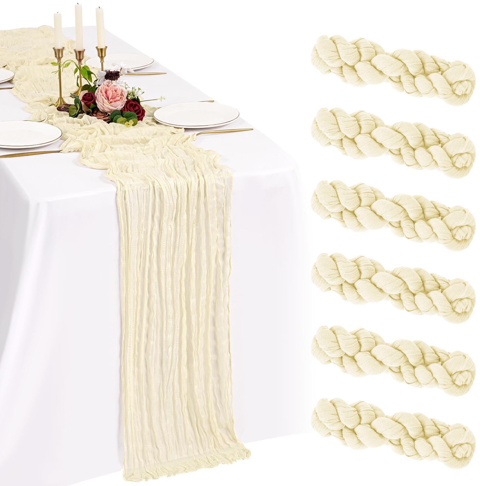 Showgeous 6 Pack Beige Cheesecloth Table Runner 10FT Boho Gauze Cheese Cloth Table Runners Romantic Rustic Sheer Table Decorations for Wedding Party Baby Shower Birthday Holiday Home