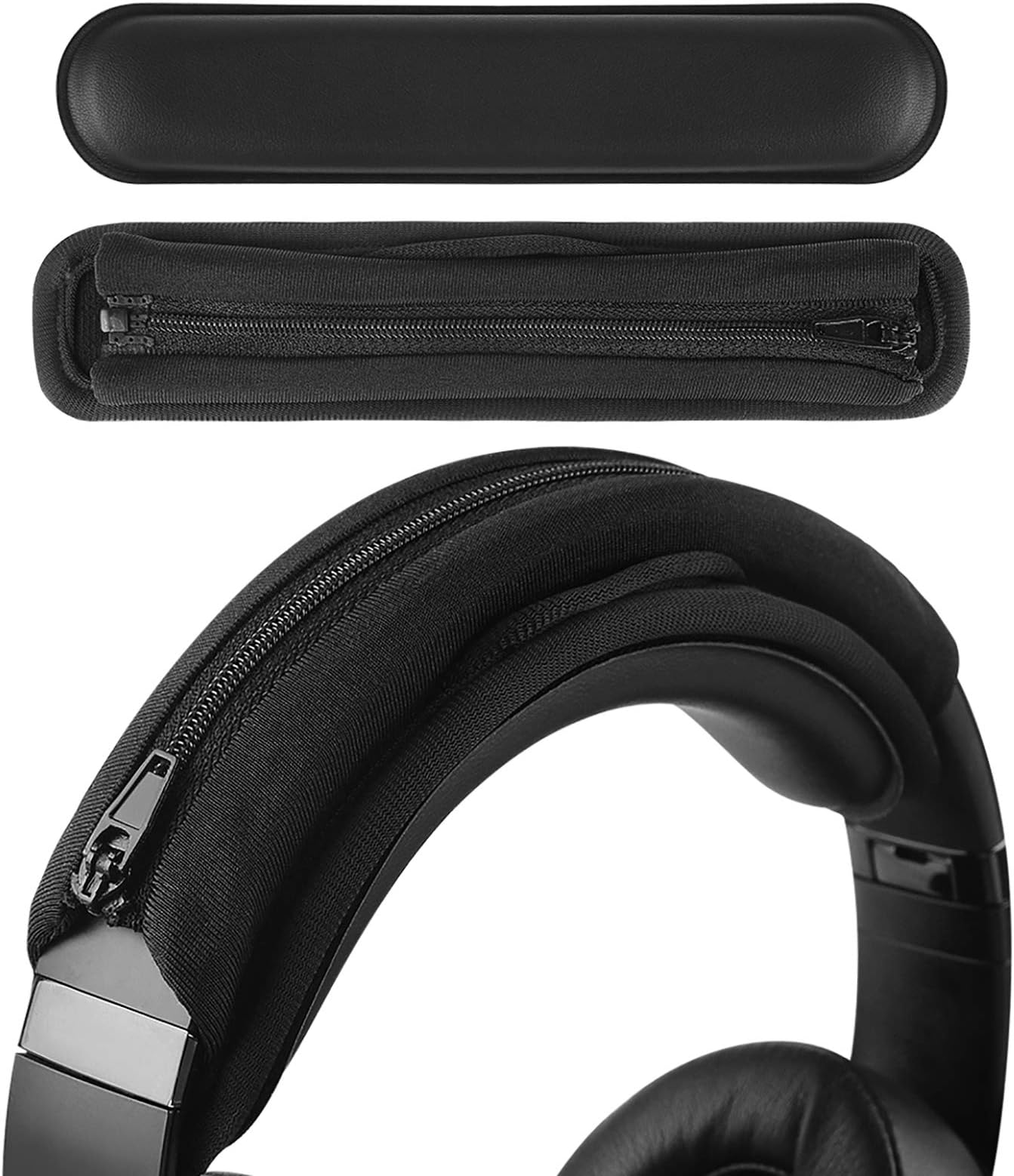 Geekria Hook and Loop Headband Cover + Pad Set, Protector with Zipper Closure Compatible with Medium Sized Headphones, Easy DIY Installation (Protein Leather/Black)