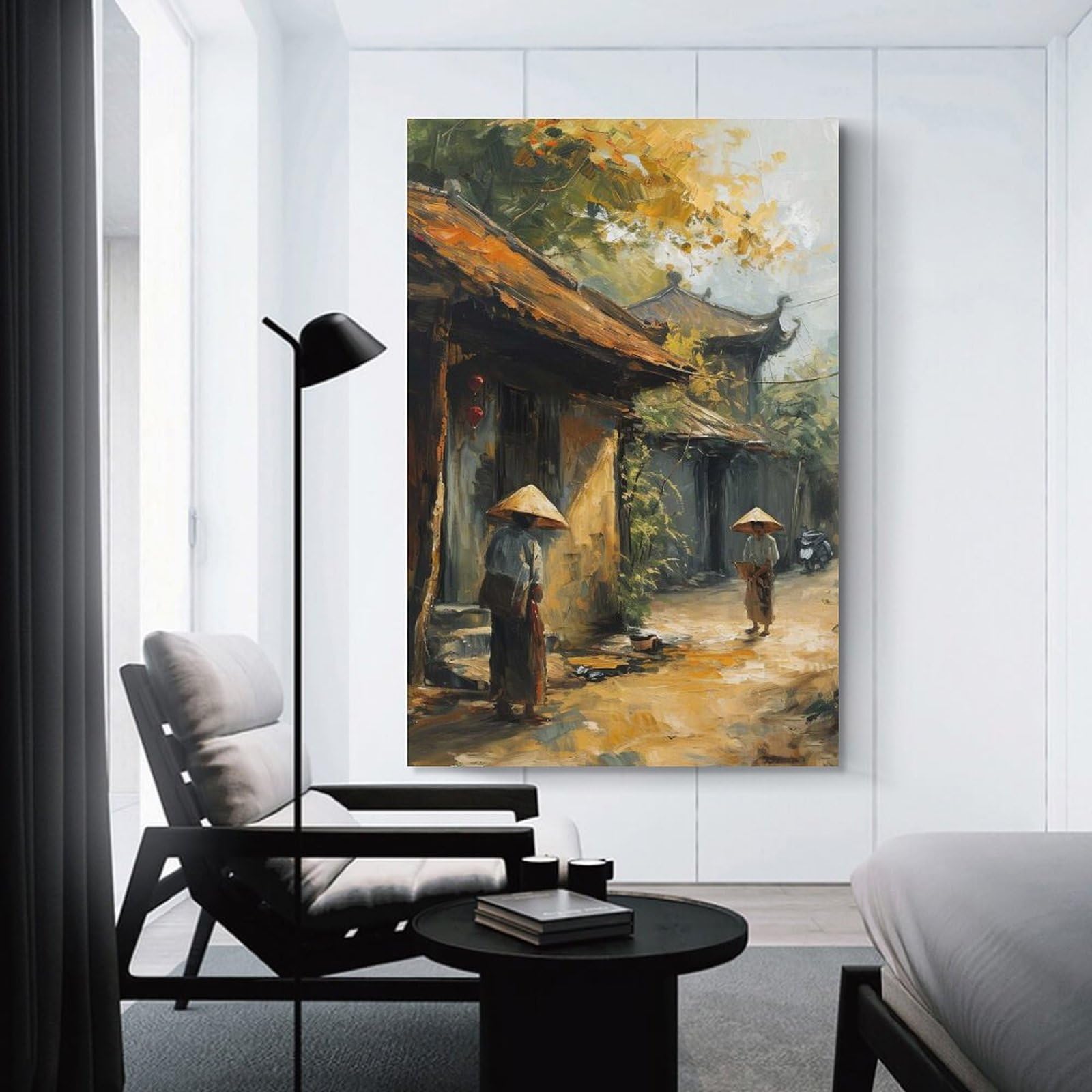 Junmoney Room Decor Wall Art Asian Village Oil Painting, 24x36inch(60x90cm), for Office Decor, Home Working Or Creative Rooms, An Interior Accent for Desk Areas
