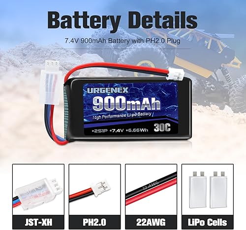 Miniatura 3 de URGENEX Batería SCX24 7.4V Lipos 2S 30C (60C) Batería de litio recargable de 900 mAh con enchufe PH2.0 compatible con la mayoría de camiones RC a