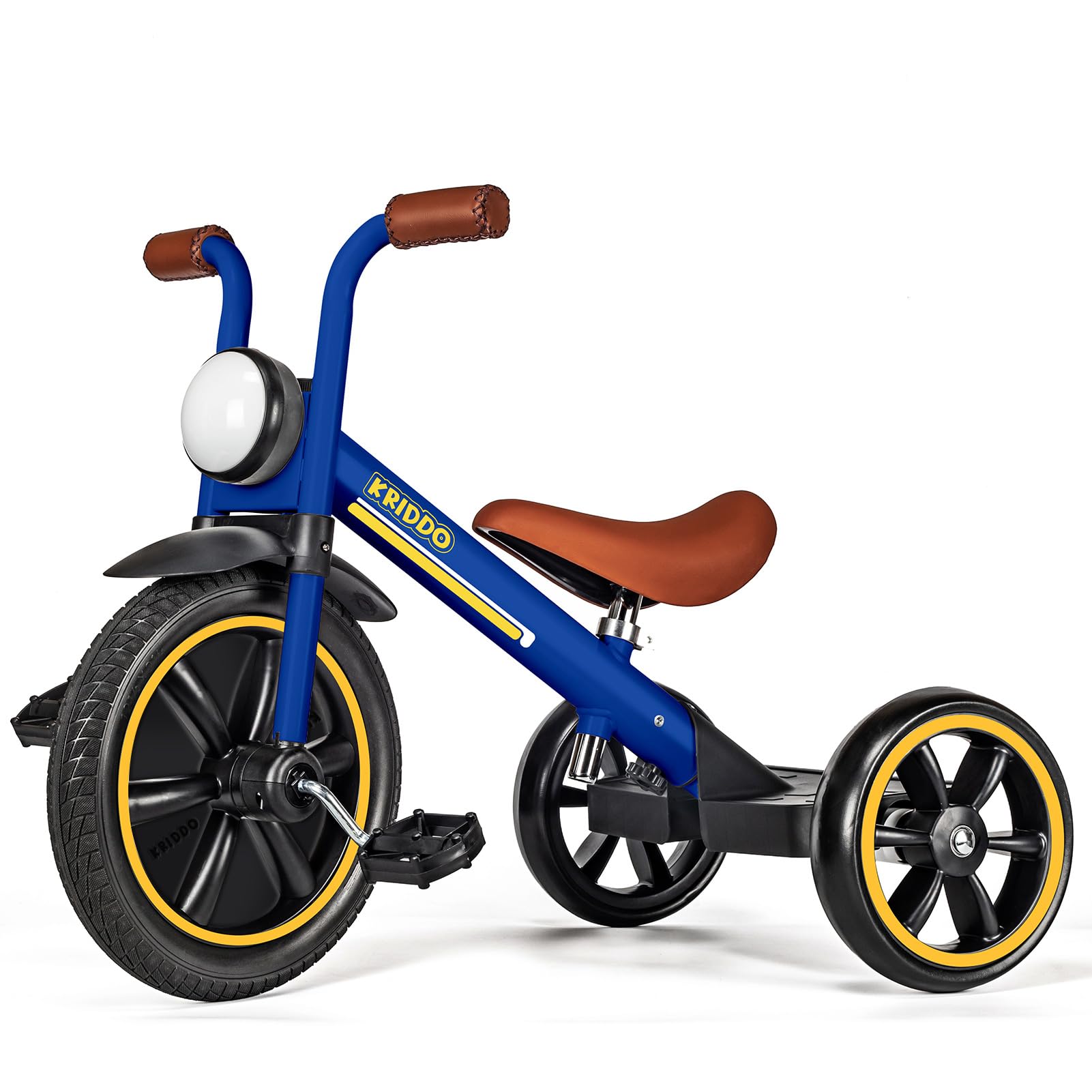KRIDDO Kids Tricycles Age 2 Years to 5 Years, 12 Inch Puncture Free Rubber Wheel w Front Light, Adjustable Seat Height, Gift Toddler Tricycles for 2-5 Year Olds, Trikes for Toddlers, Blue