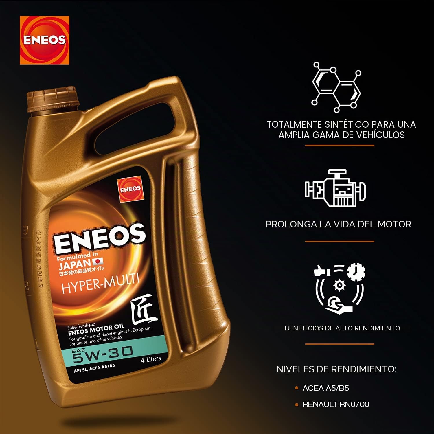ENEOS Aceite de motor Hyper-Multi 5W-30 Aceite completamente sintético Aceite para motor 4 L
