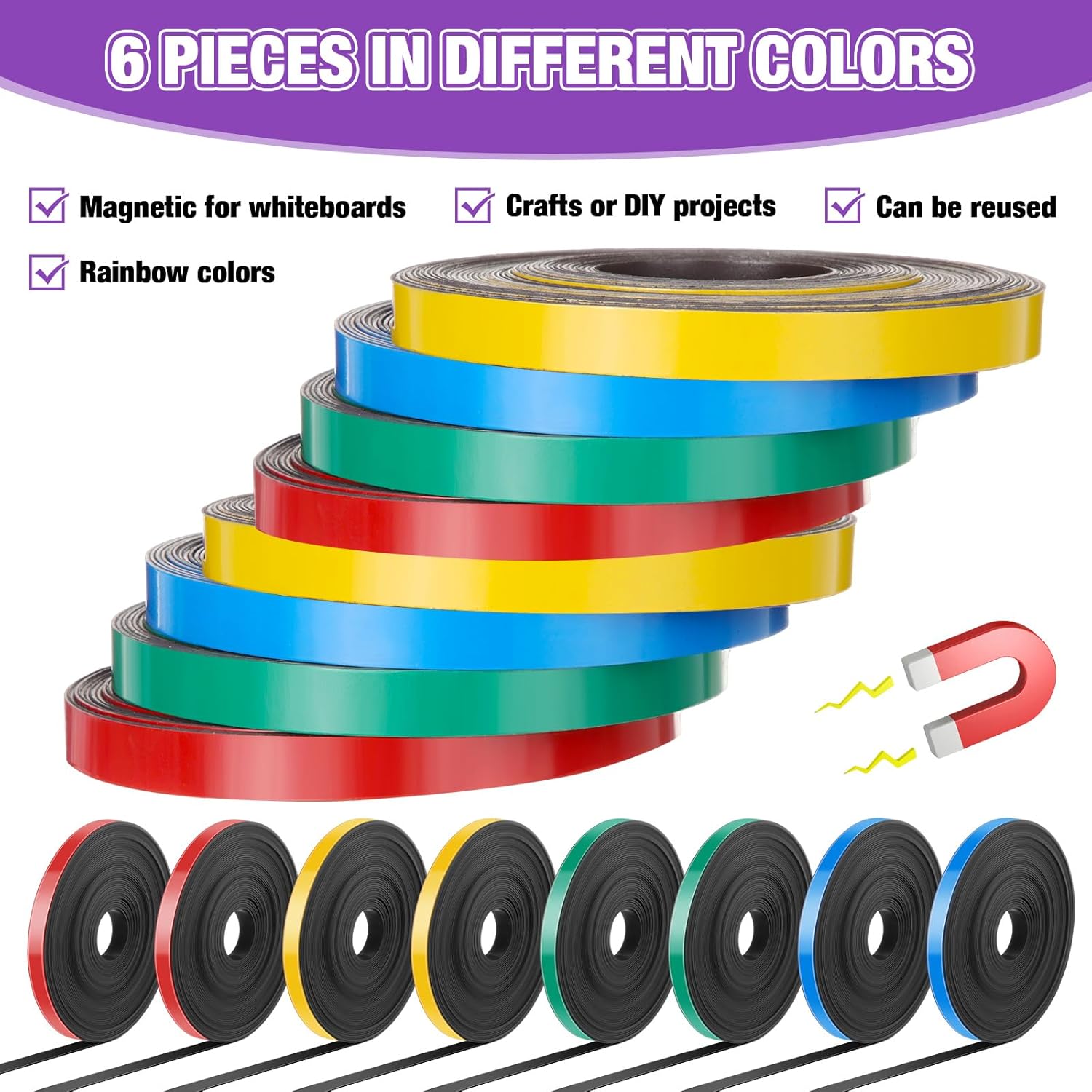8 Rolls Magnetic Tape Roll Thin Strips, 2/5 in x 33 ft Magnetic Whiteboard Graphic Decorative Dry Erase Colorful Board Dividers for Marking Line Classroom Office Art(Mixed Color)