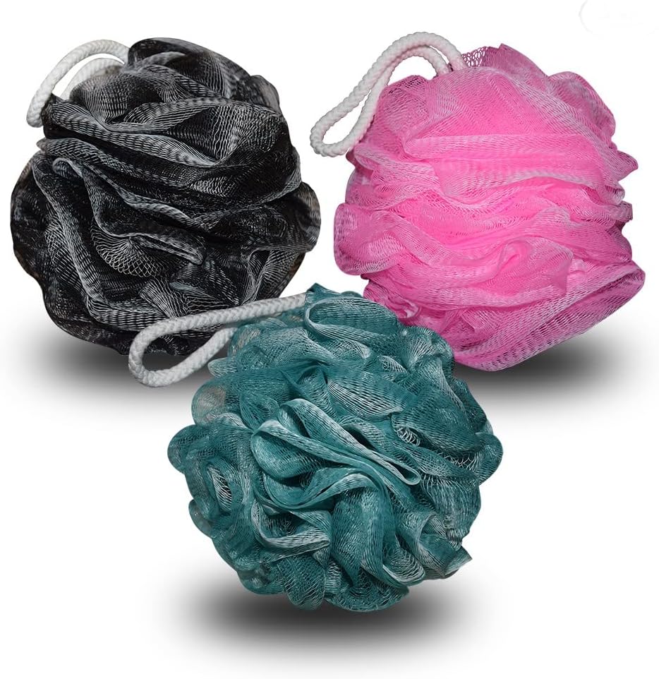 Exessco Shower Puff Loofah 3Pcs Mesh Body Puff Large and Extra Soft