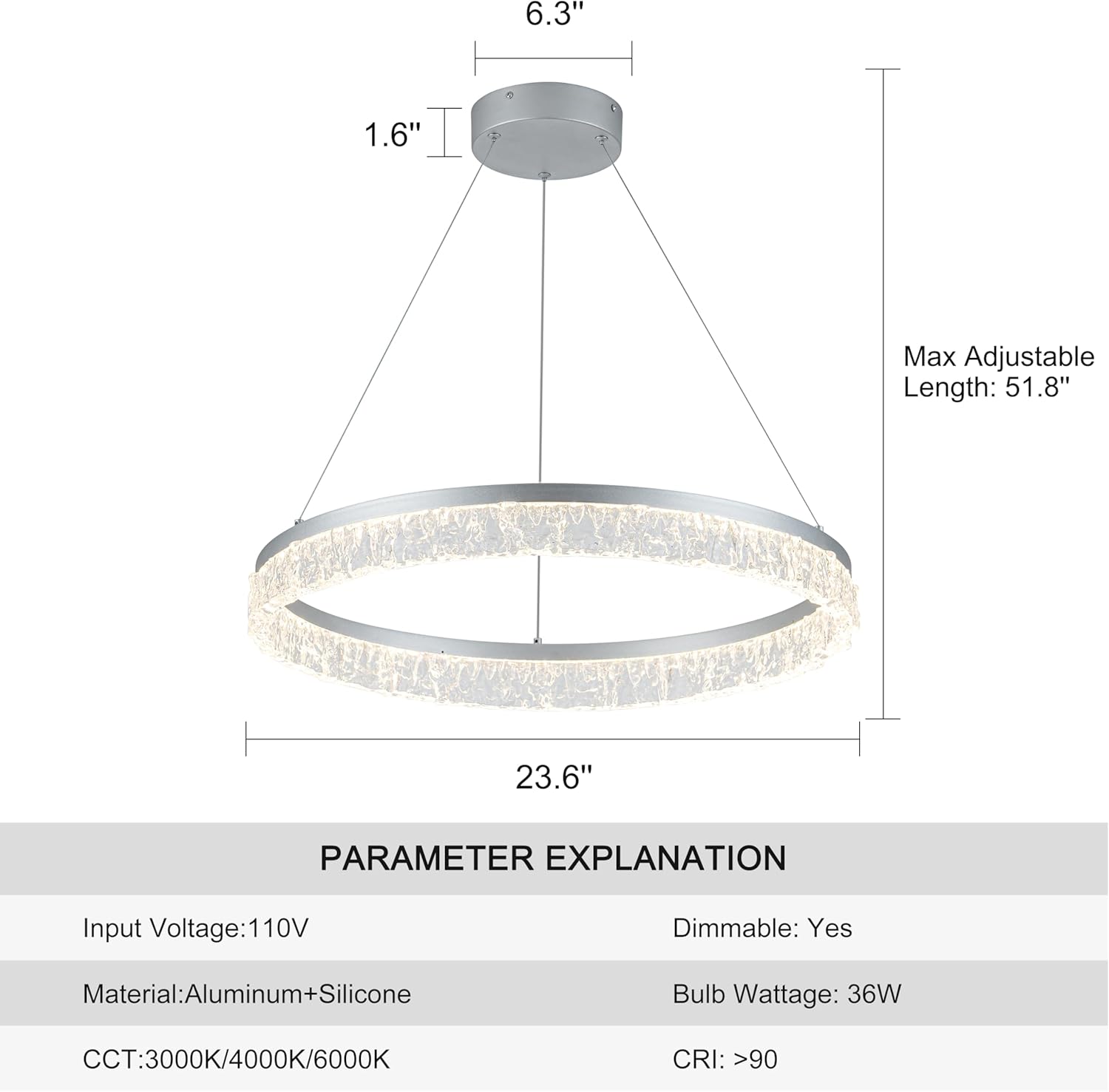 MADEM Modern Silver Led Pendant Light,36W Dimmable LED Chandelier Lighting Fixture, 1 Ring Circular Hanging Led Pendant Lighting for Living Room Dining Room Kitchen Island Foyer Office