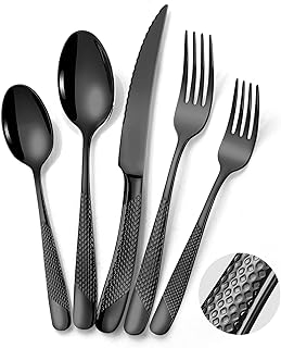 Lemeya 20-Piece Hammered Black Silverware Set for 4,18/10 Stainless Steel Flatware Set with Serrated Forged Knives,Heavy Duty Cutlery Set for Home & Party Restaurant,Mirror Polished, Dishwasher Safe