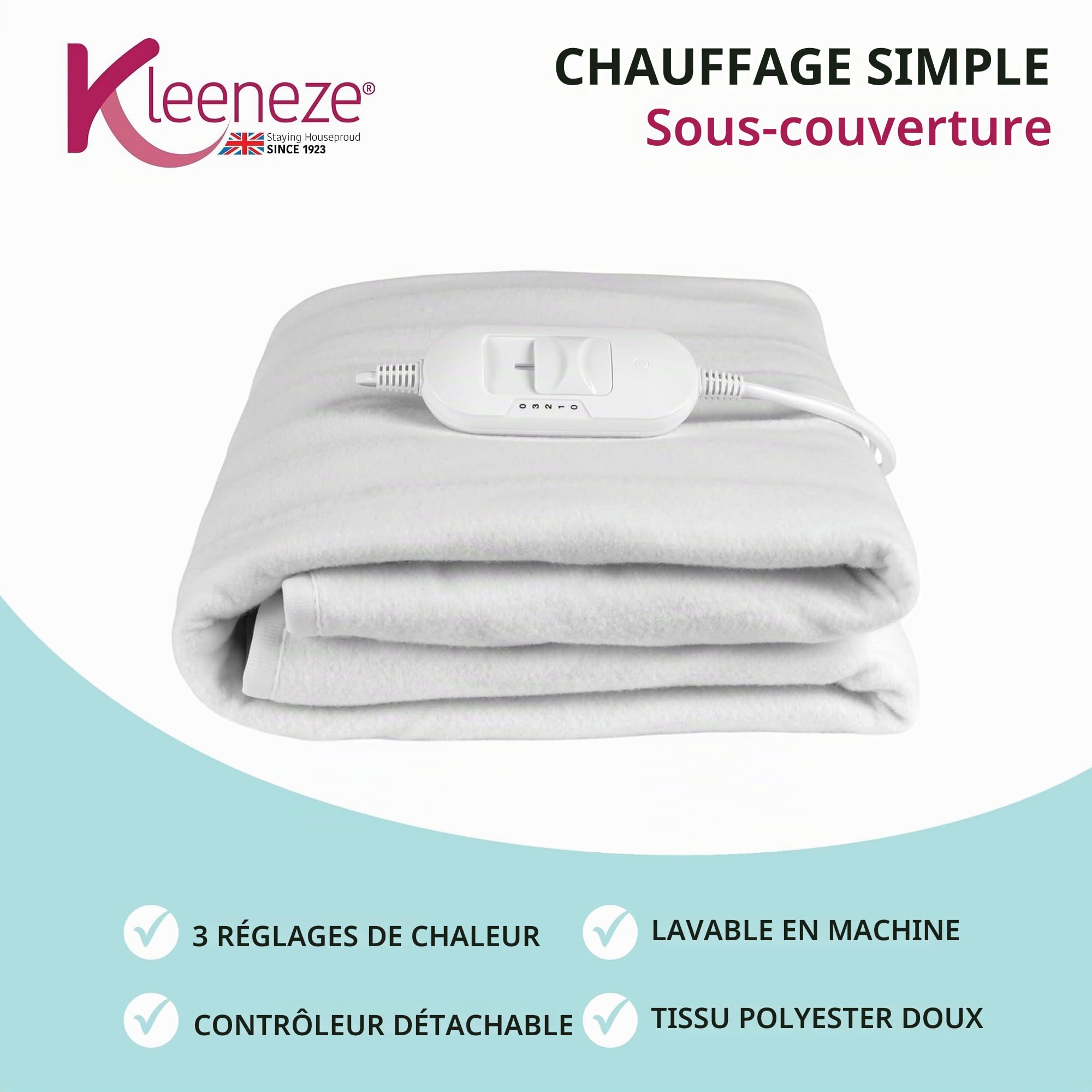 Kleeneze KL3753 Couverture chauffante - Couverture électrique pour lit Simple, Lavable en Machine, 3 réglages de Chaleur, témoin Lumineux, Tissu Doux, télécommande Amovible, Attache 35 W, 135 x 65 cm