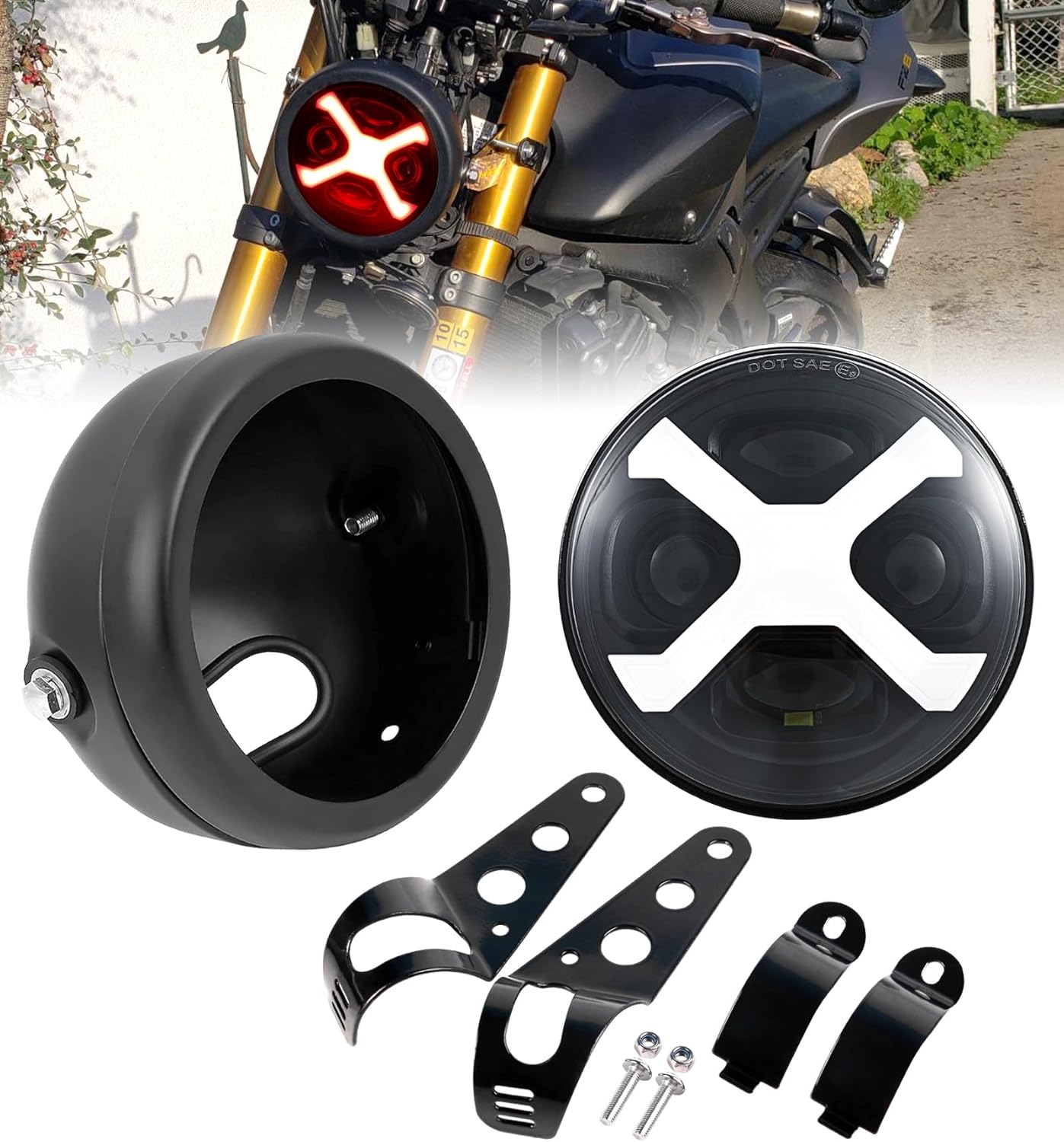 5-3/4 5.75" X-Style Red DRL Motorcycle Headlight with Headlight Housing Bucket Mount Brackets Compatible with Shadow 750 Rebel 500 Vulcan Cafe Racer Choppers Cruiser