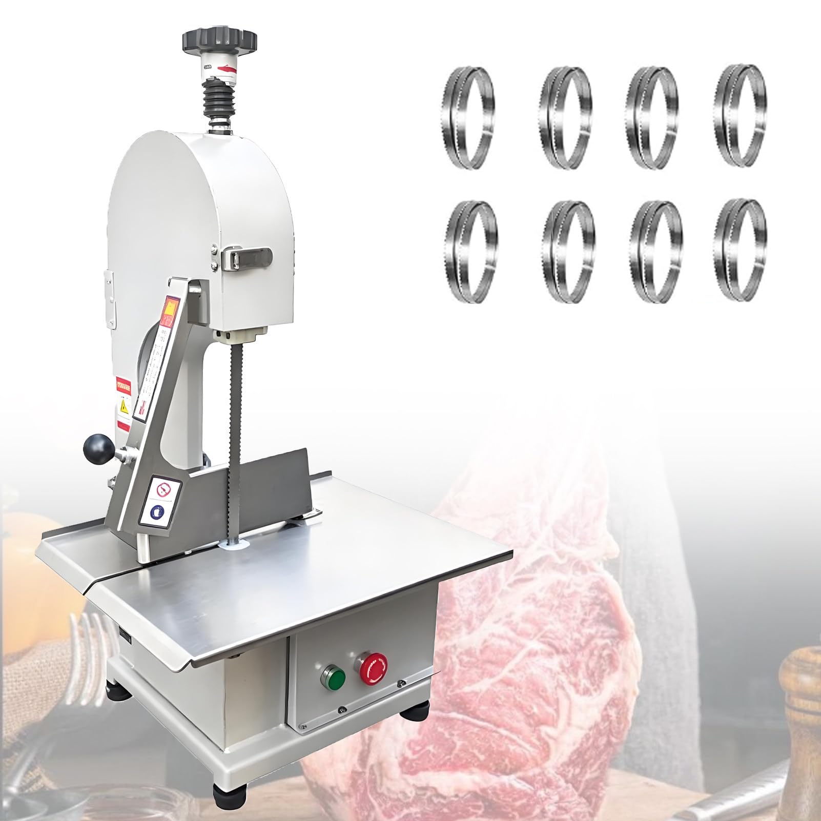 Ofyphth 1100W Stainless Steel Countertop Bone Sawing Machine, 8 Blades, Commercial Electric Meat Bandsaw, Adjustable Thickness 1-130mm, for Rib Pork Beef.