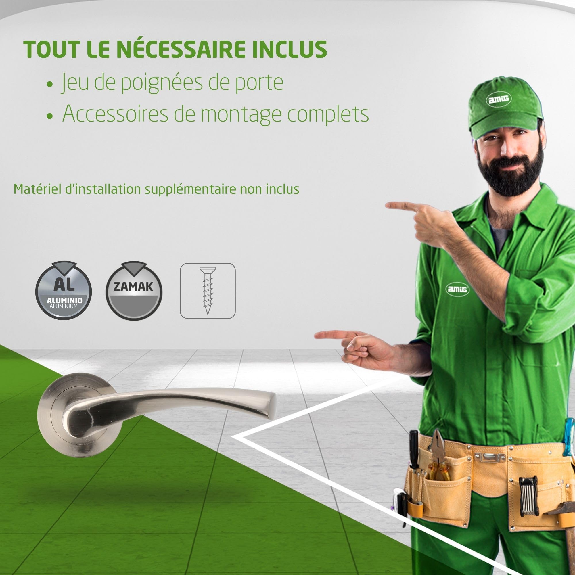Amig - Lot de 4 poignées de porte avec rosace en Zamak Mod. ISHI RX, 52 mm, carré de 8 mm, design élégant et simple, aluminium nickel brossé