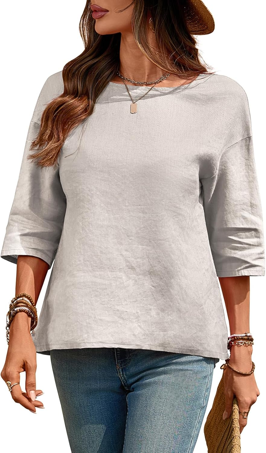 Women's Linen Blouses 3/4 Sleeeve Pure 100% Linen Crew Neck Tops Tshirts