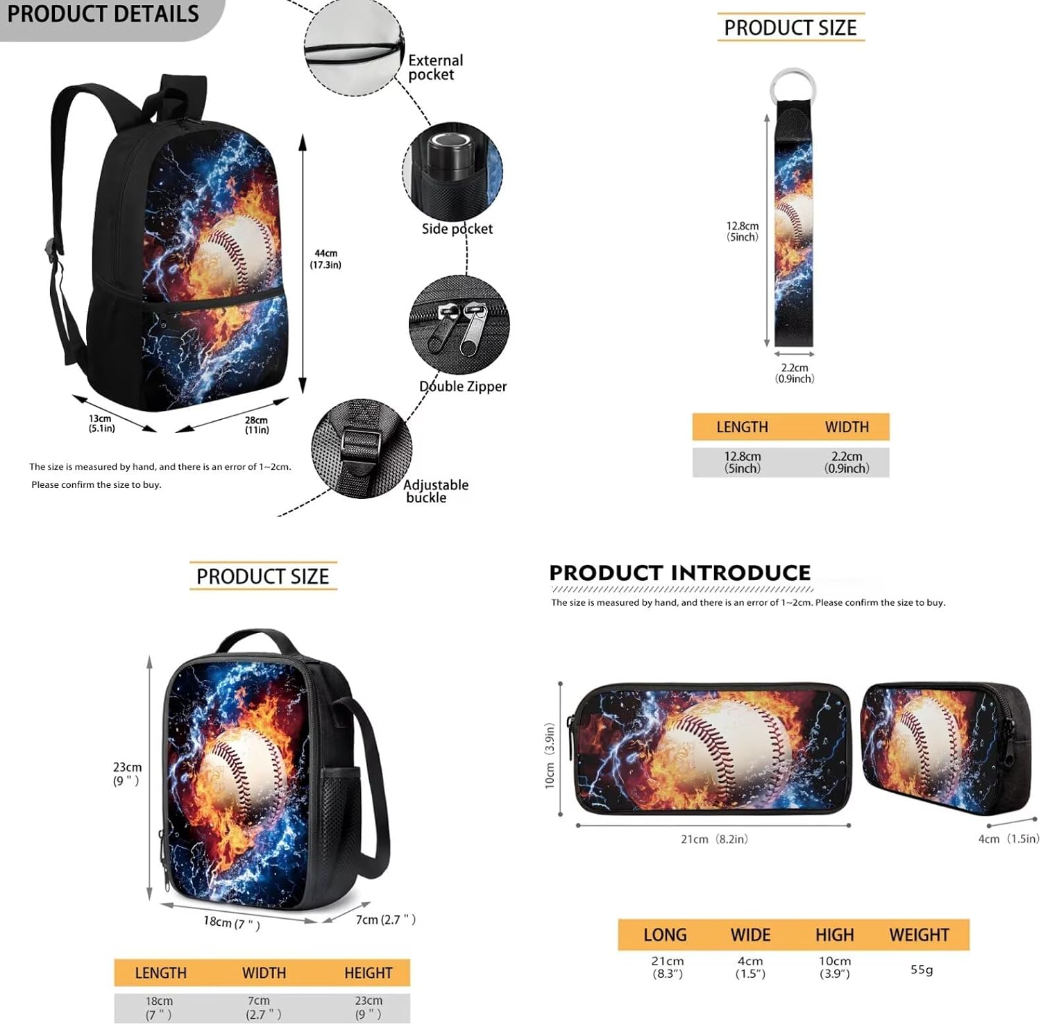 COEQINE 4 In 1 Burning Baseball Backpack for Boys 4-6 with Lunchbox Preschool Bookbag for Boys 6-8 with Pencil Box Cool Travel Baseball Keychains for Boys Backpack for Sport