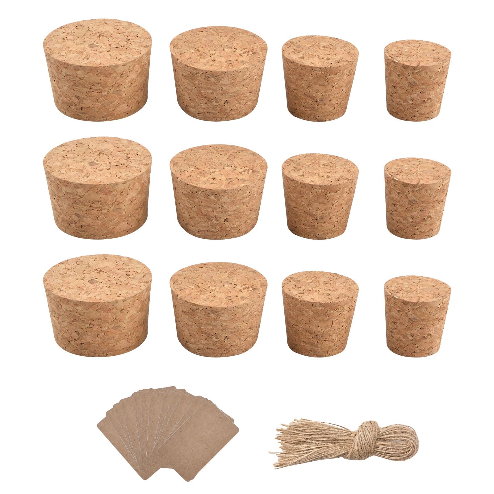 INCREWAY Natural Soft Wood Corks, 12PCS Four Sizes of Tapered Cork Plugs Stoppers for Wine and Beer Bottles with Bottle Ornamental Hangtag and Twine — image 1
