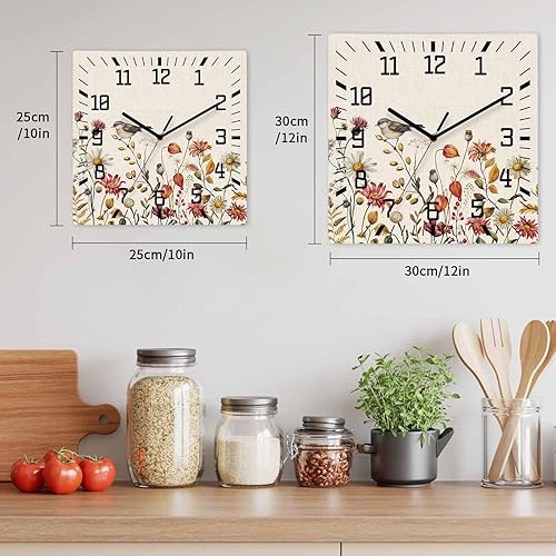 Miniatura 6 de Fall Wild Flowers Wooden Wall Clock Silent Non Ticking, Country Retro Birds Farmhouse Floral Square Wall Clock Battery Operated, Decor Clock for