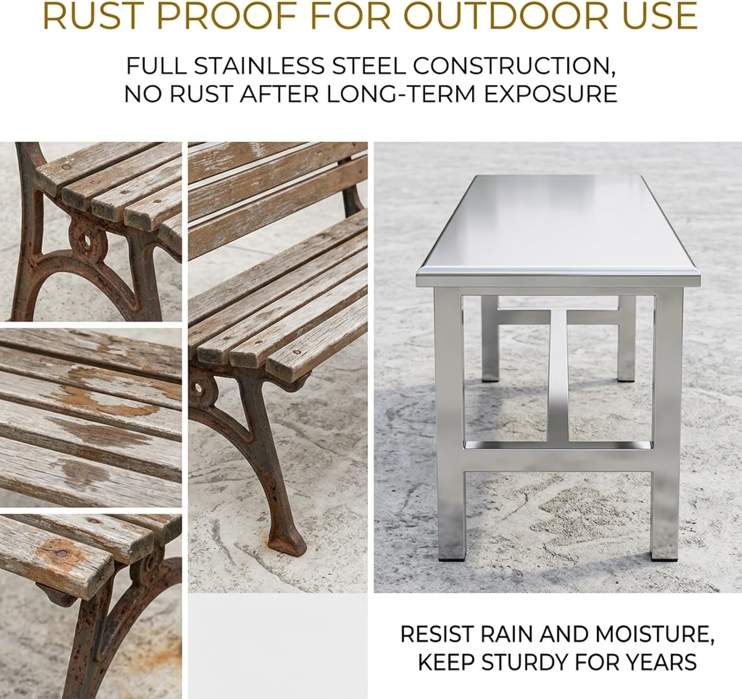 Outdoor Garden Bench in Stainless Steel, Heavy-Duty Patio Bench, All-Weather Porch Seating for Backyard and Park, Modern Industrial Style, Easy-Clean Metal Surface