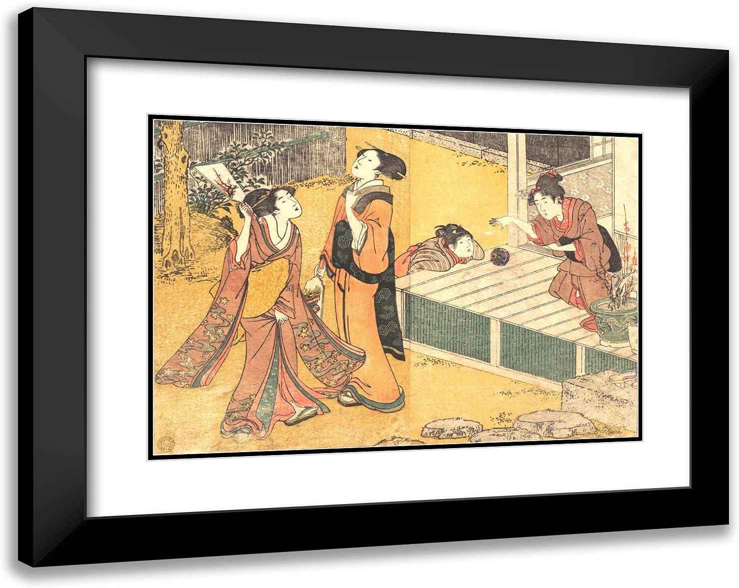 ArtDirect Utamaro, Kitagawa 24x19 Gold Ornate Framed Art Print with Double Matting Titled: New Years Games