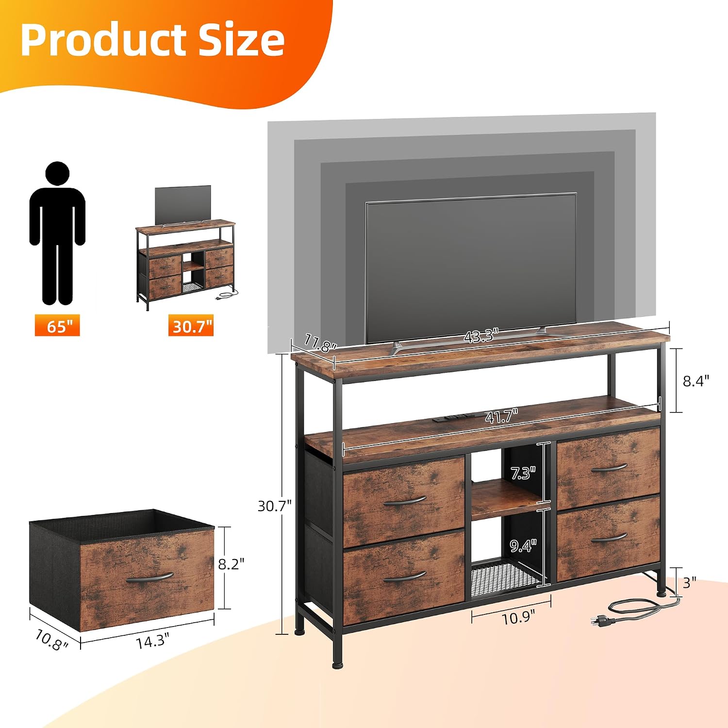 Diagram showing the dimensions of the VERMESS TV Stand and its components, including the fabric drawers and power cord.
