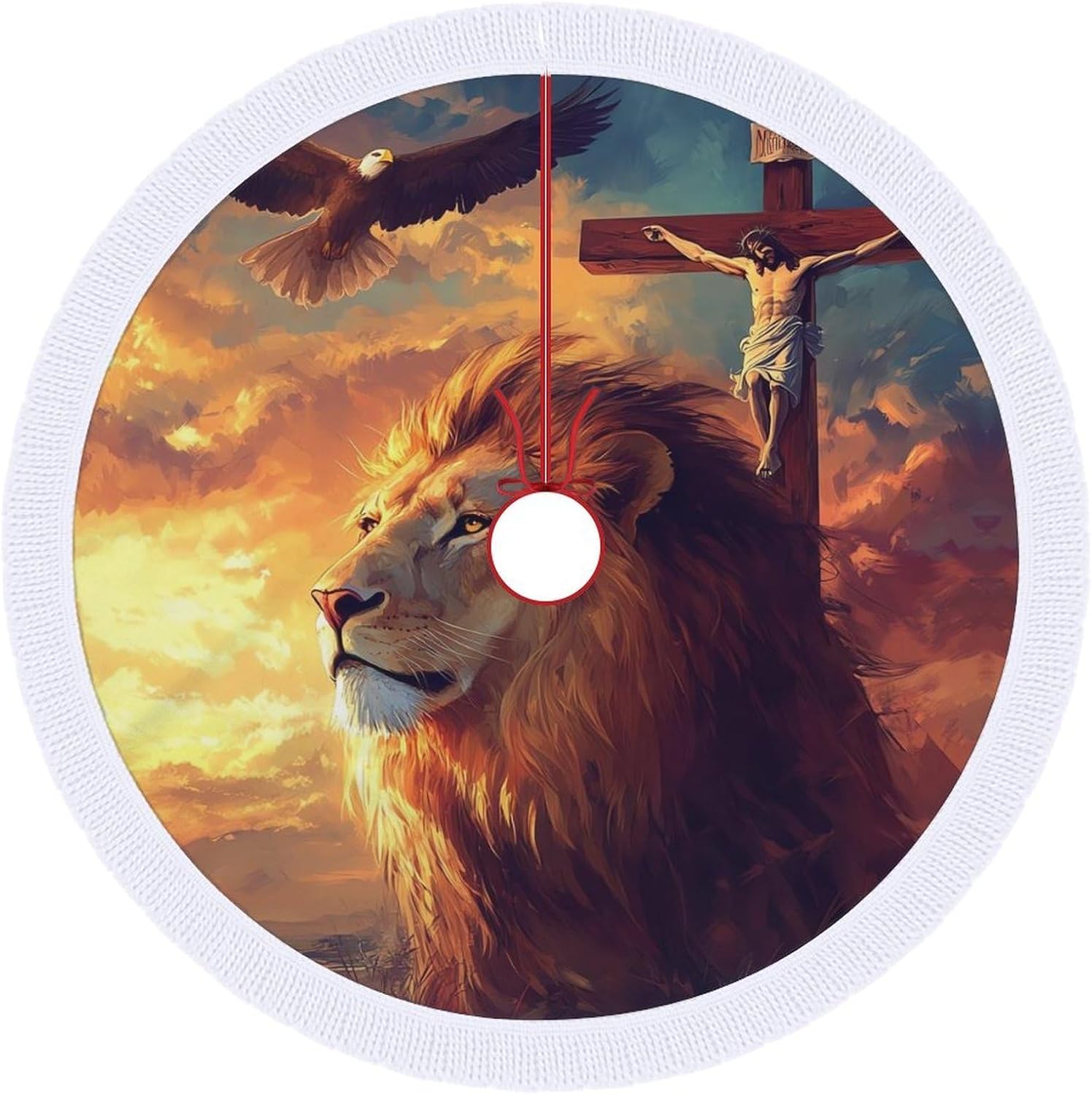 Christian Lion of Judah Ea-gle Christmas Tree Skirt Round Xmas Tree Mat Ornaments Tree Skirts with Tassels for Holiday Party