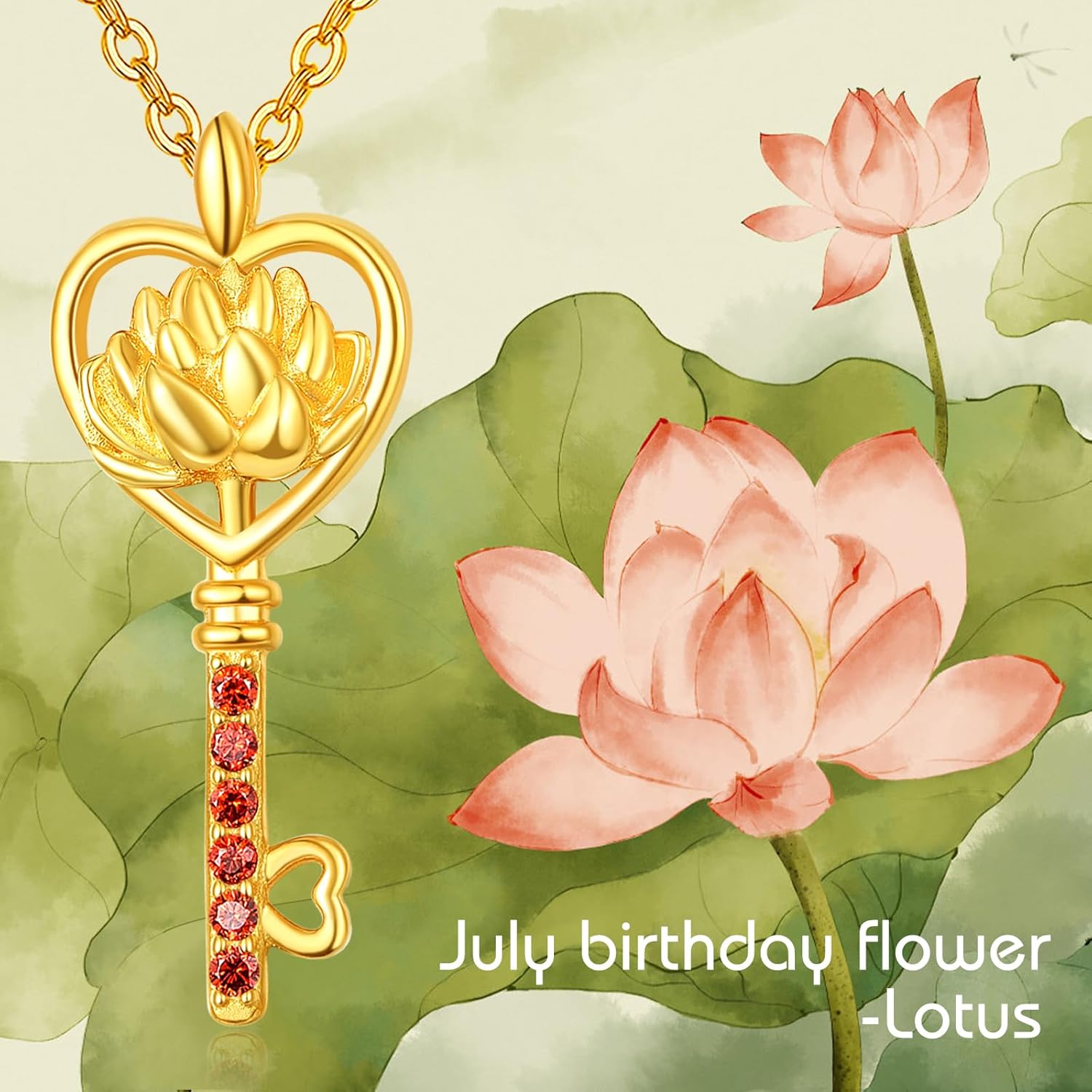 TANGPOET Birth Flower with Birthstone Necklace for Women 925 Sterling Silver 14K Gold Plated Key Pendant Necklace Jewelry Gifts for Birthday Christmas with 18"+2" Chain - Image 5
