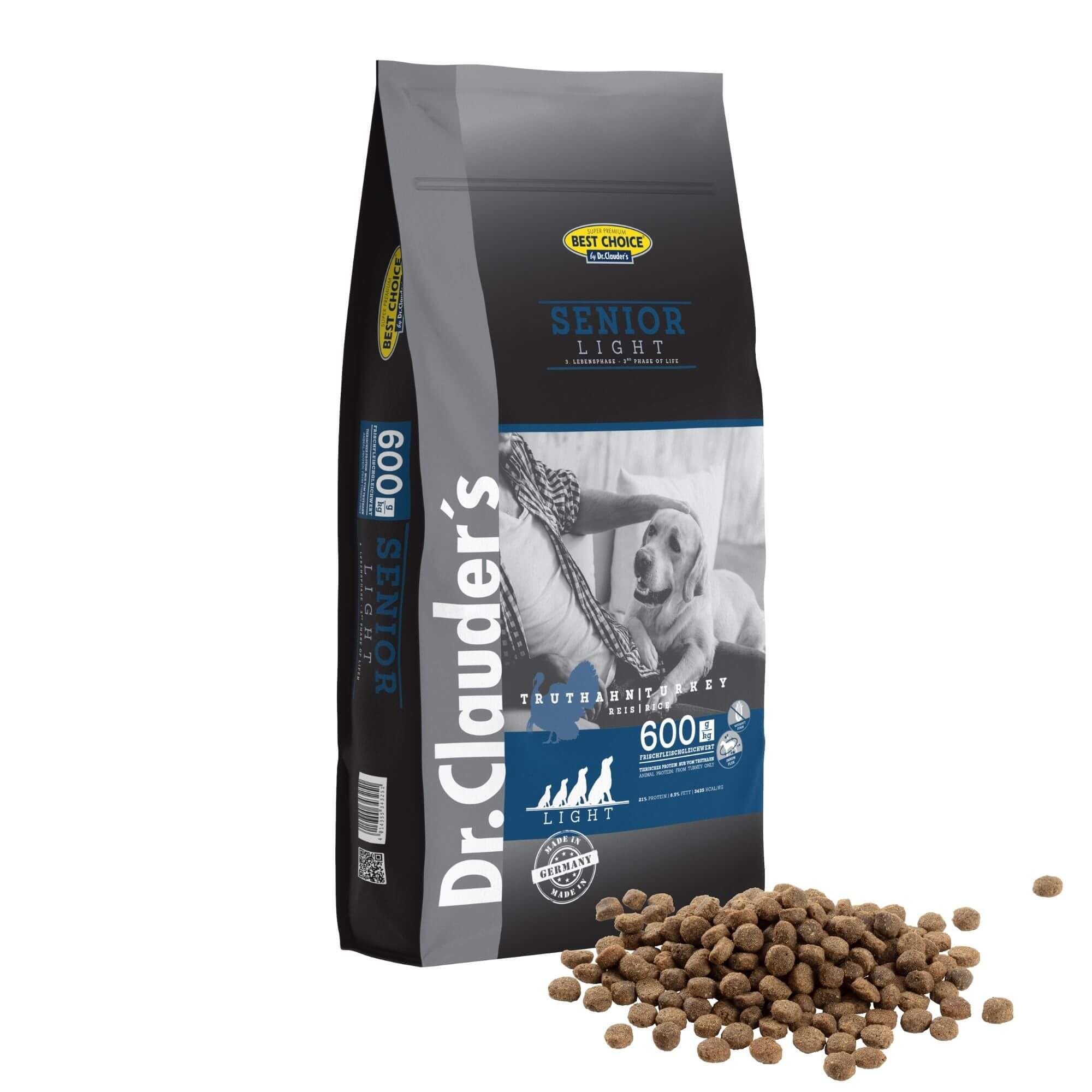 DR.CLAUDER’S - Best Choice Senior Light | Trockenfutter für ältere Hunde mit geringem Energiebedarf zur Gewichtskontrolle. Weizenfreies Alleinfutter im Beutel | 12,5kg Truthahn&Reis