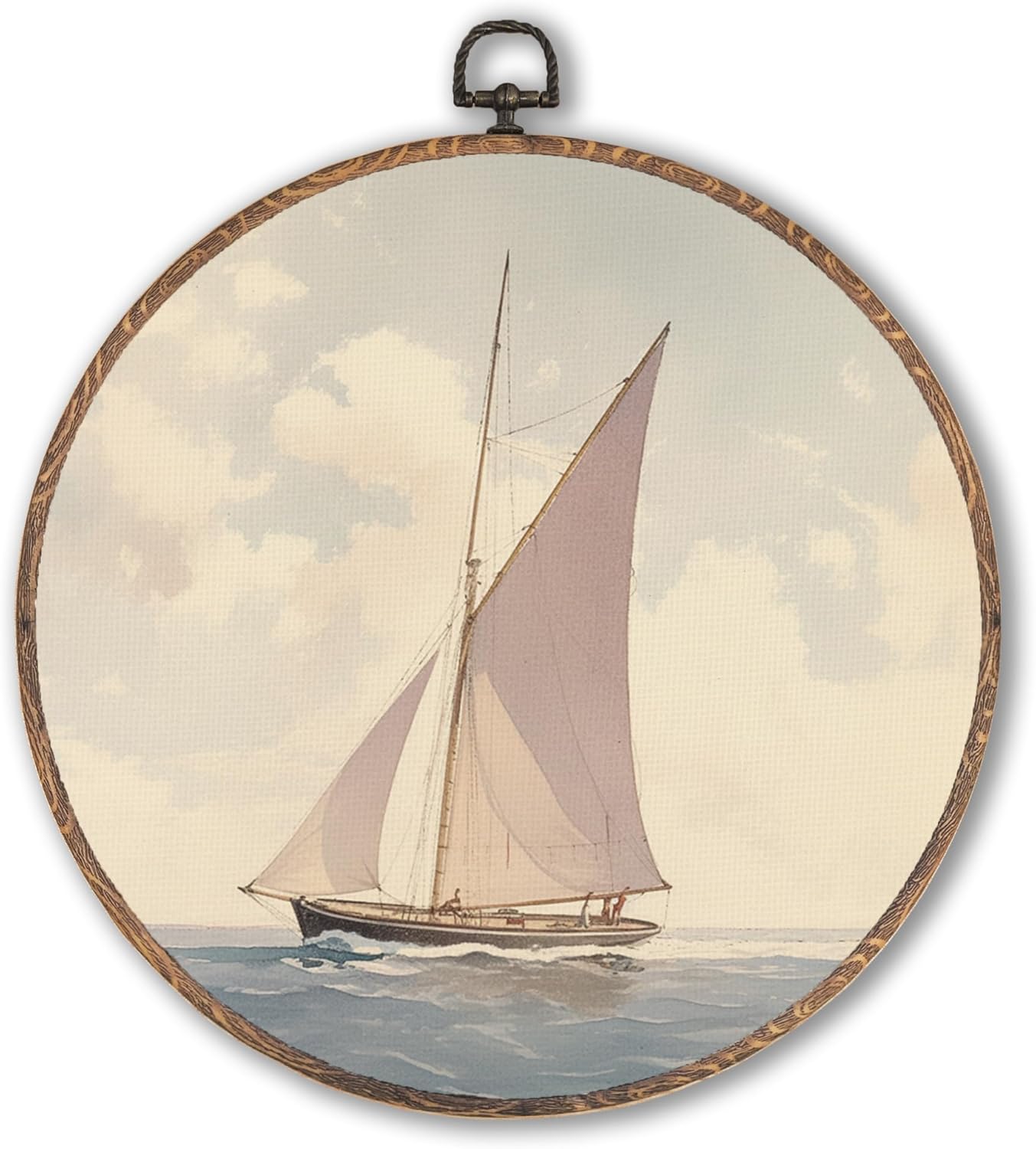 Hxlac Vintage Sailboat Round Wall Art Framed, Nautical Boat