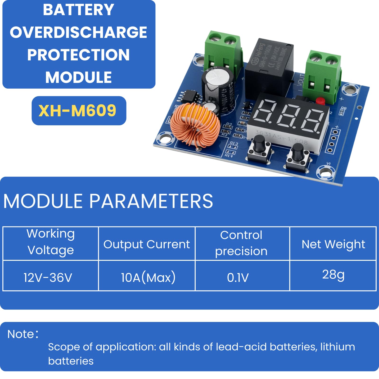 XH-M609 Modulo di monitoraggio della batteria per 12 V-80 V - Spegnimento automatico a bassa tensione, tensione di spegnimento regolabile, ideale per immagazzinare energia, sistemi solari
