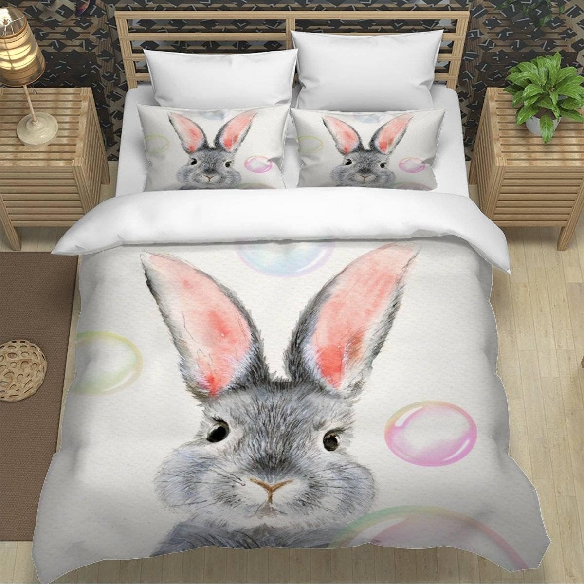 MEVASA Rabbit Bedding Set - Microfiber Teen Bedding - Cute Cartoon Rabbit 3D - Anti Allergic Double Duvet Cover Set with Zipper /200x200