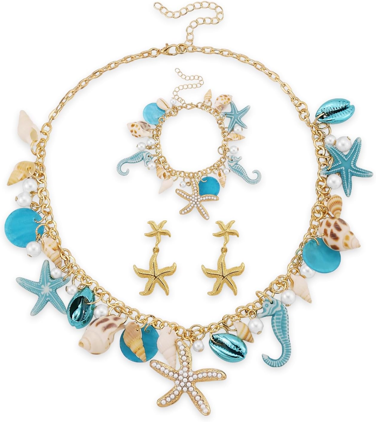 Bohemian Mermaids Starfish Jewelry Set for Women Starfish Necklace Bracelet Earrings Mermaids Starfish Conch Necklace Summer Ocean Beach Jewelry Set Halloween Prom Jewelry Mermaids Accessories