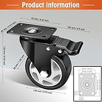 Vista 4 de Ruedas giratorias, Ruedas giratorias de 4", Juego de ruedas giratorias de 8 unidades resistentes - ASRINIEY Ruedas giratorias de poliuretano negro