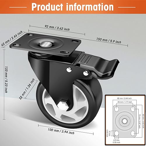 Miniatura 4 de Ruedas giratorias de 4 pulgadas, juego de 8 ruedas resistentes de poliuretano ASRINIEY negro, ruedas giratorias de placa superior, 8 ruedas