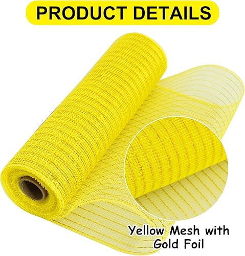 Miniatura 3 de TONIFUL 2 rollos de cinta de malla decorativa amarilla de 10 pulgadas, malla de tela con papel de aluminio para suministros de corona de malla,