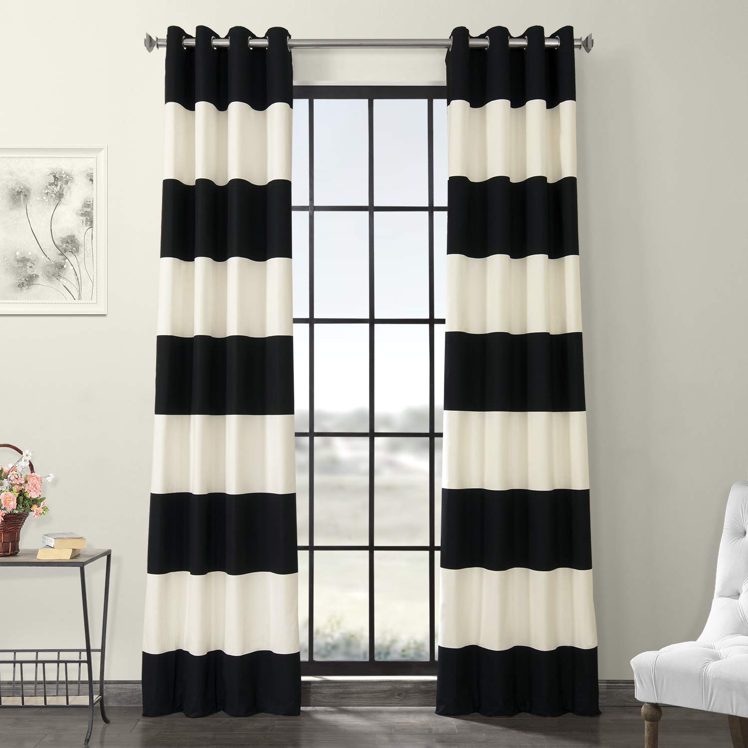 HPD Half Price DrapesPRCT-HS06-96-GR Horizontal Grommet Stripe Cotton Curtain (1 Panel), 50 X 96, Onyx Black & OffWhite