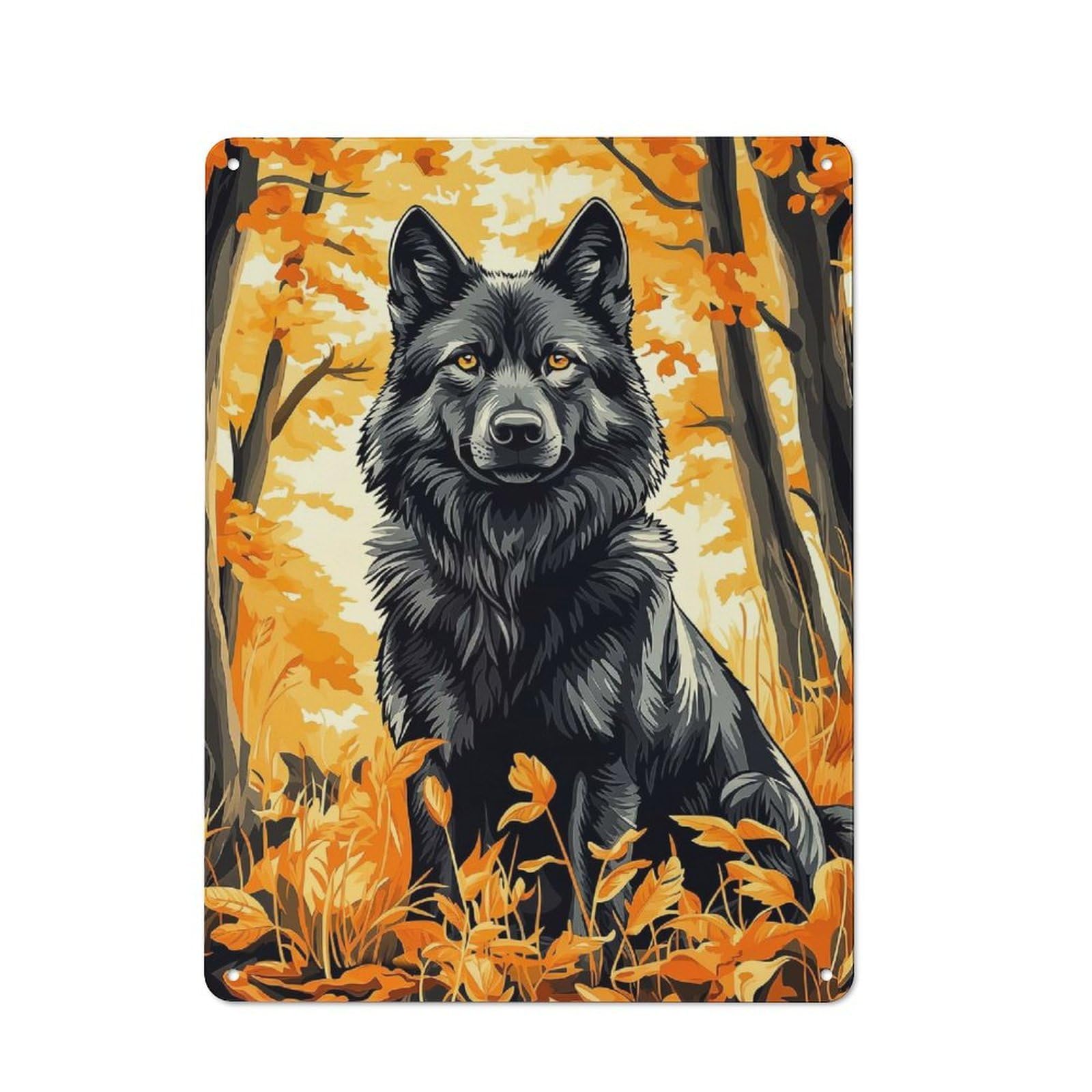 Black Wolf in Autumn Forest Nostalgic Metal Wall Decor 40x30cm, Vintage Tin Sign for Living Room, Hallway, Kitchen Or Cafe