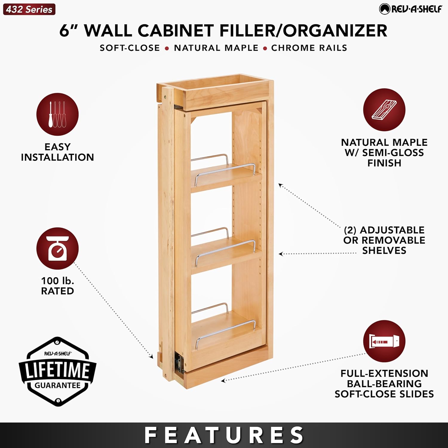 Rev-A-Shelf Kitchen Cabinet Pullout Wall Filler Wooden Organizer Slide Out Pantry Storage w/Soft-Close in Multiple Sizes, Maple Wood, 432-WFBBSC30-6C