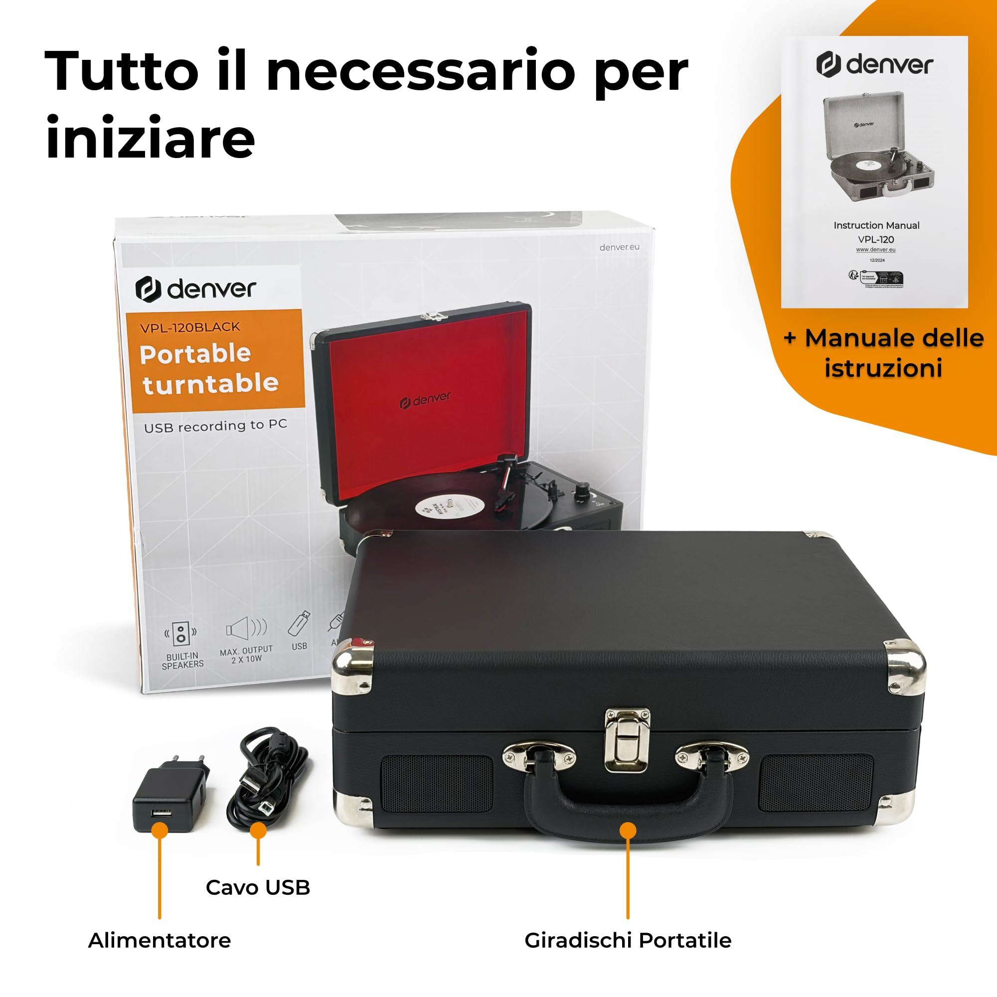 Giradischi Denver VPL-120BLACK design valigia. Altoparlanti integrati, uscita phono, compatibile con vinile 331/3, 45 e 78 RPM, Nero