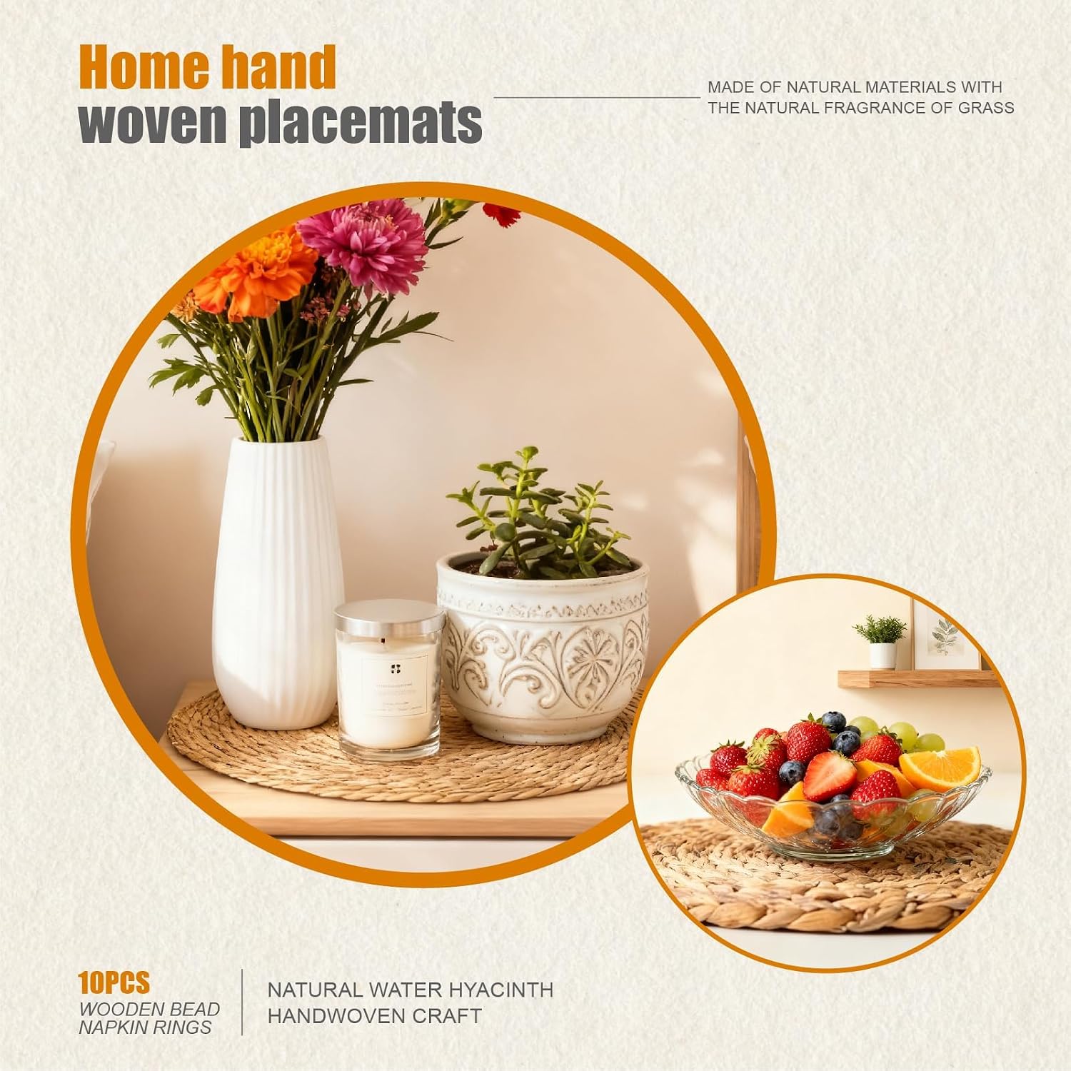 Boho Woven Placemats Set of 10 with Wooden Napkin Rings, Round Charger Plates, Natural Rattan Dinner Place Mats for Dining Table Decor - 13 inch