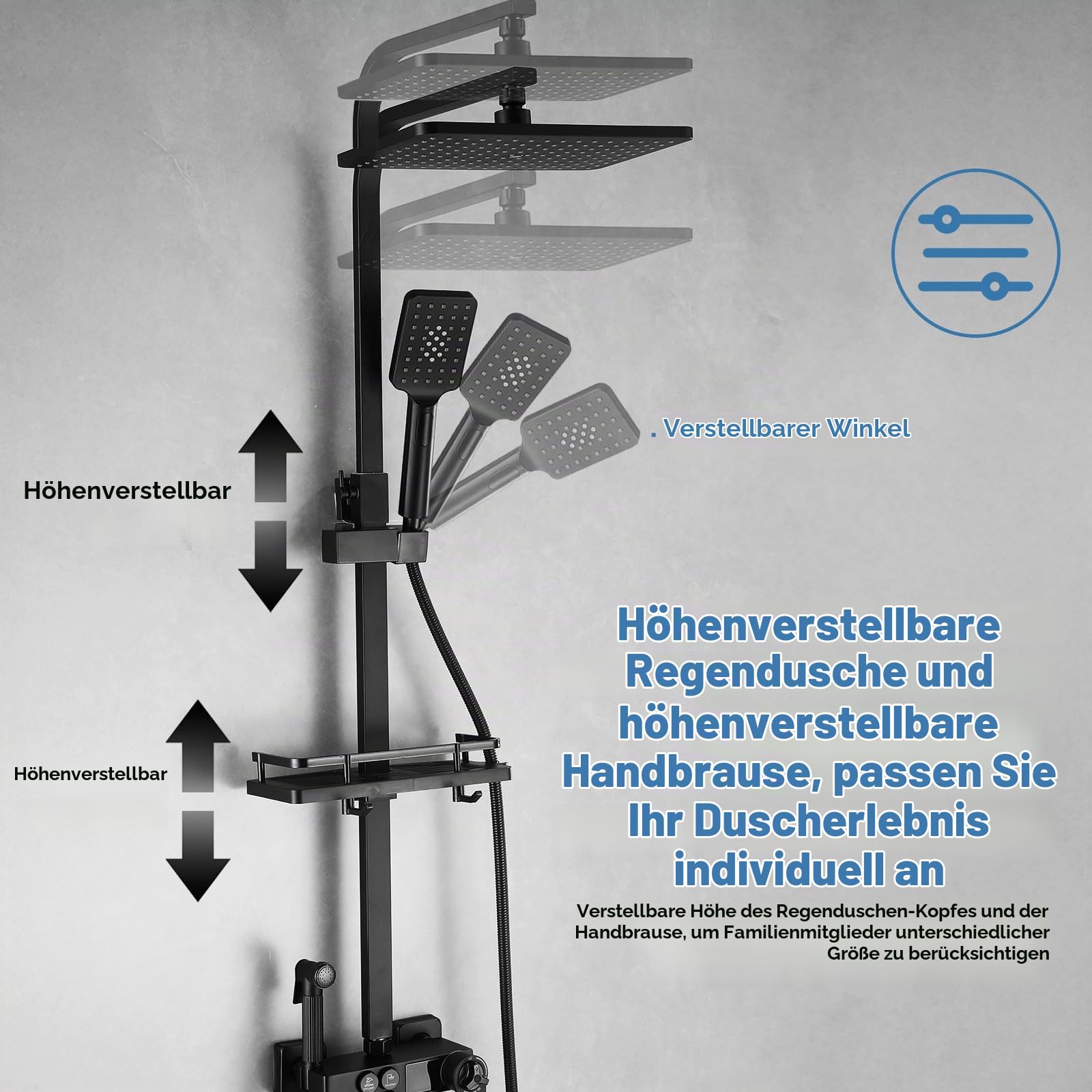 Duschsystem mit Thermostat Regendusche Set Duschset Duscharmatur Komplettset Schwarz Shower, Edelstahl Dusche Komplett Duschgarnitur Duschkopf Regendusche Schwarz mit Armatur Höhenverstellbar 65-120cm