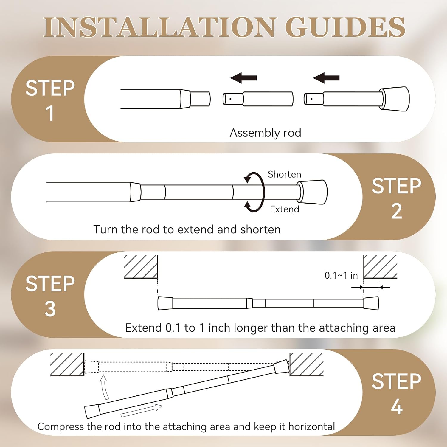 Spring Tension Curtain Rod Adjustable 28-48 Inches, 2 Pack, White