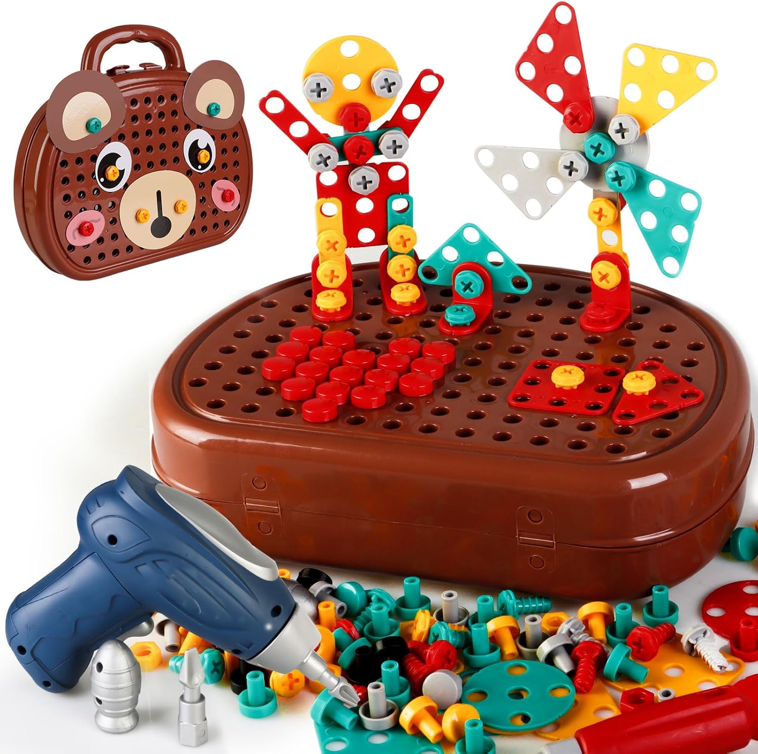 Magic Play Toolbox Drill,Magic Play Toolbox Bear,Little Brown Bear Repair Tool Box Toy,Creative Tool Box Set with Electric Drill for Kids Ages 3-12 Years Old
