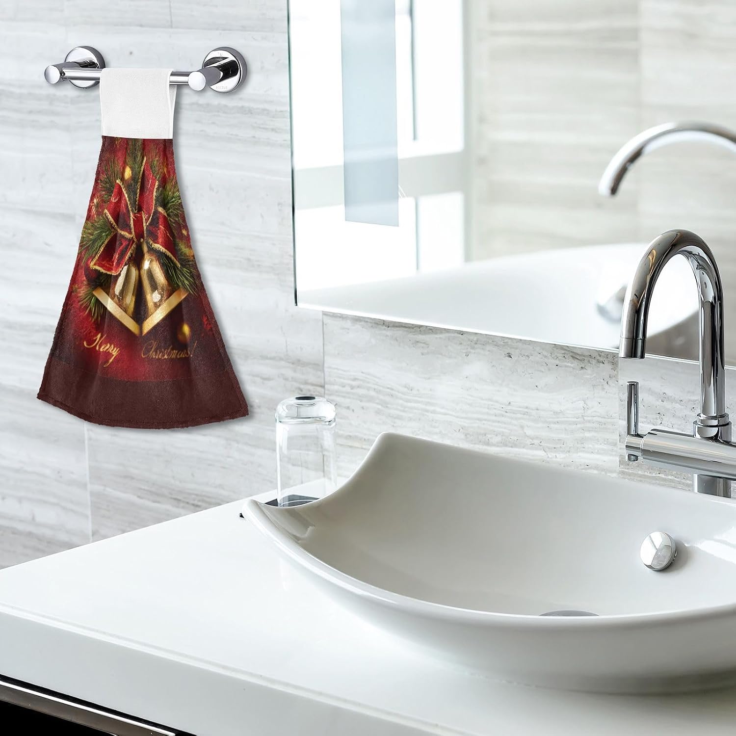 Boccsty Gold Bells with Red Bow Hanging Kitchen Towels 2 Pieces Christmas Theme with Pine Leaves Hand Bath Yowels Dish Towels Tie Towel Tea Towels for Bathroom Farmhouse Home