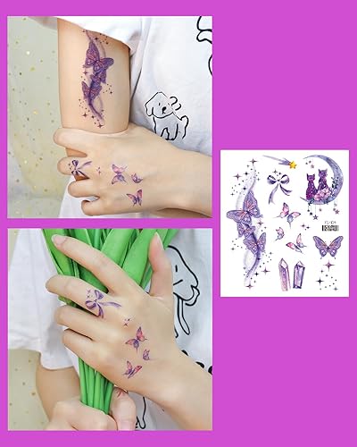 Miniatura 4 de Maquillaje de mariposa con purpurina para tatuajes temporales para ojos para mujeres y niñas, 6 hojas de mariposas coloridas, calcomanías de tatuaje