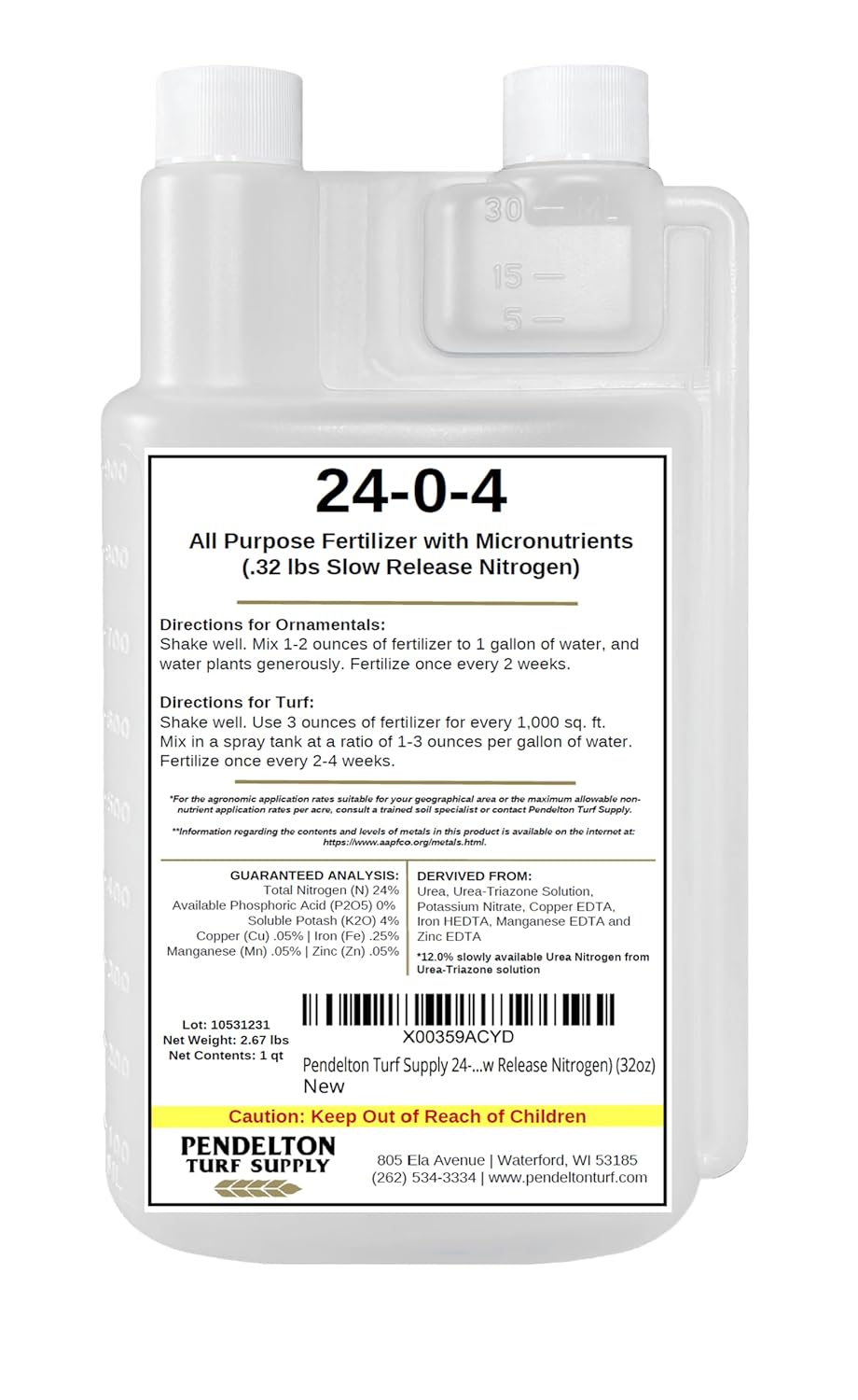Pendelton Turf Supply 24-0-4 All Purpose Liquid Fertilizer with Micronutrients (50percent Slow Release Nitrogen) (32oz)