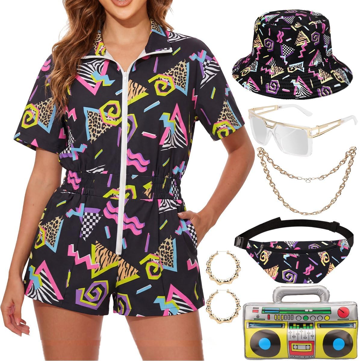 VillbeCoser 80s 90s Outfits for Women Neon Color Block Jumpsuit Tracksuit One Piece Costume with Accessories Retro Party
