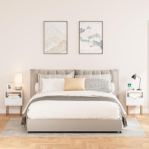 Miniatura 7 de Mesita de noche, mesita de noche pequeña con marco dorado, mesita de noche blanca, muebles de noche, mesa auxiliar con cajón y estante para