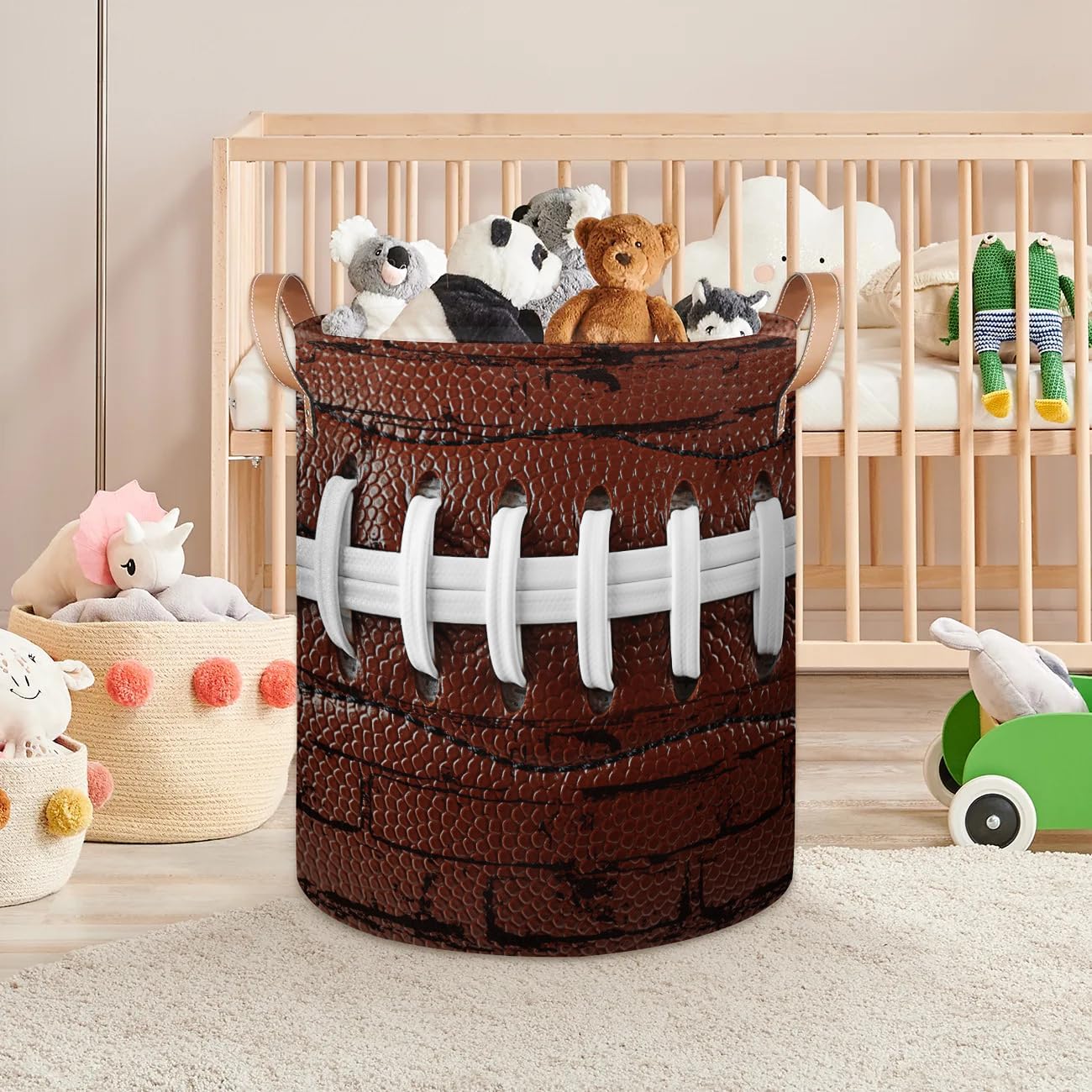 Large Laundry Basket Collapsible Tall Laundry Hamper Vintage Brown Sport American Football Round Storage Bin Storage Baskets for Kids Boys Girls Toys Clothes Hamper Laundry Bag Organizer, 70L