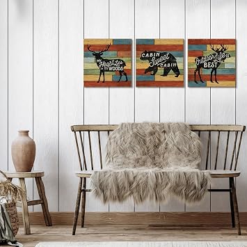 SEVEN WALL ARTS Wildlife Wall Art Cabin Wall Decor Elk Moose Bear Pictures Rustic Farmhouse لوحة خشبية حيوانات جبلية أعمال فنية لغرفة المعيشة غرفة النوم نزل ديكور المنزل 12"x12"